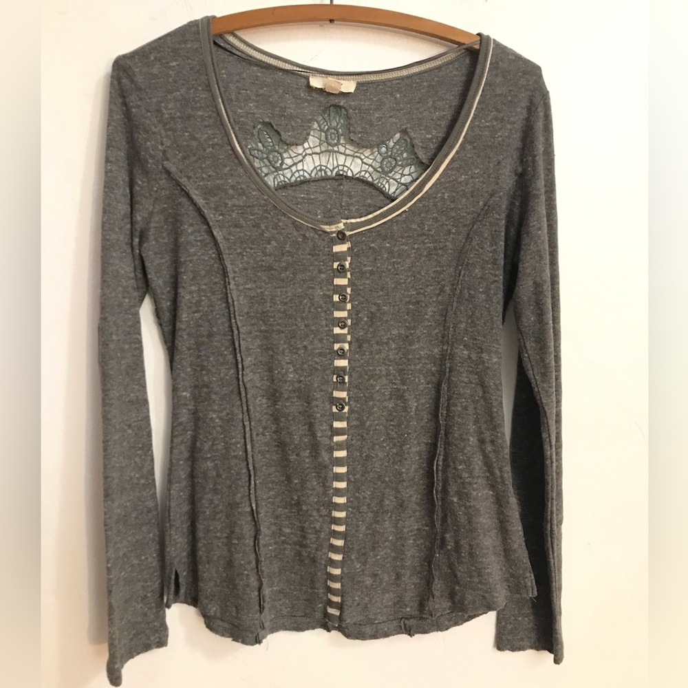 Oddy Anthropologie Blouse Womens Size S Crochet Top Long Sleeve Button Up Fitted